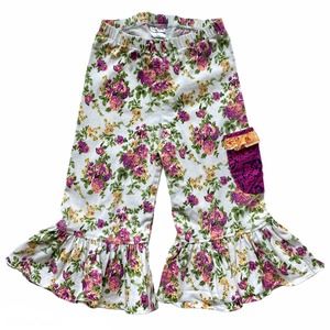 CHEEKY PLUM Floral Print Denim Ruffle Crop Pants